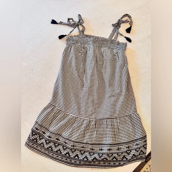OLD NAVY Smocked Tiered Black White Gingham Plaid Mini Dress w Pockets & Tassels - Picture 3 of 13